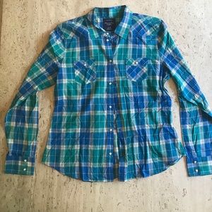 American Eagle green/orange/blue plaid button down